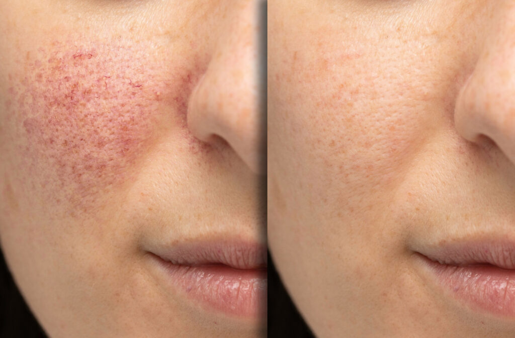 2 images side by side of a woman's face. Showing the before and after comparison of IPL treatment. In the image on the left the skin is red and scarred. While the image on the right shows clear skin.