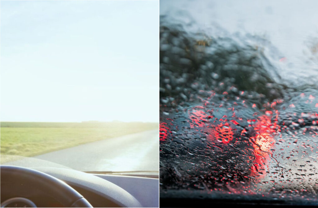2 images side by side: The 1st one showing the view through a clear windshield, and the 2nd with a blurred view through the windshield because of rain.