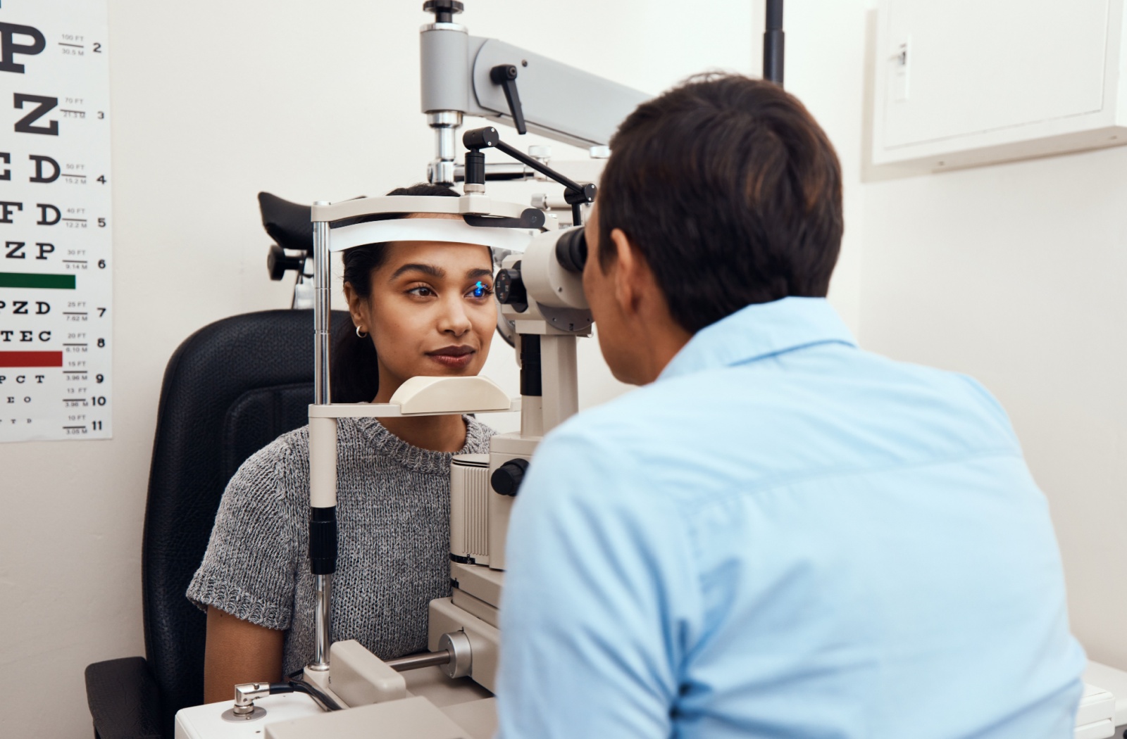 An optometrist taking an eye exam.