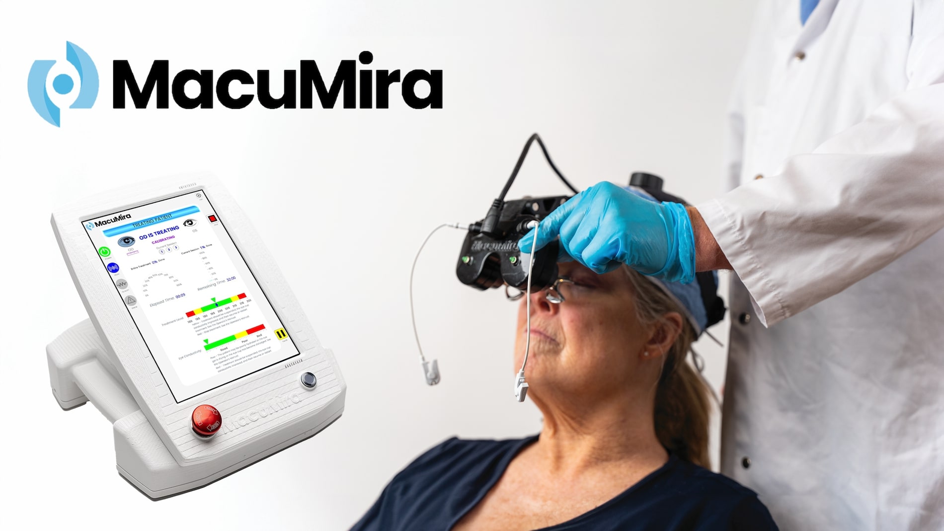 MacuMira dry AMD treatment system showing control console with digital display alongside senior patient wearing microcurrent stimulation headset while eye care professional monitors therapy.