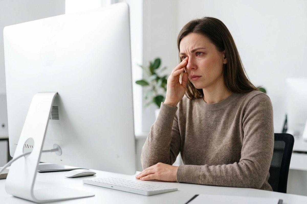 Adult wiping tears while sitting at a desk in front of a desktop computer, appearing upset or stressed in a bright office setting.