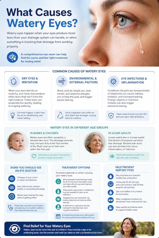 Infographic titled “What Causes Watery Eyes?” explaining common causes, age-related factors, warning signs, treatment options, and prevention tips for managing watery eyes.