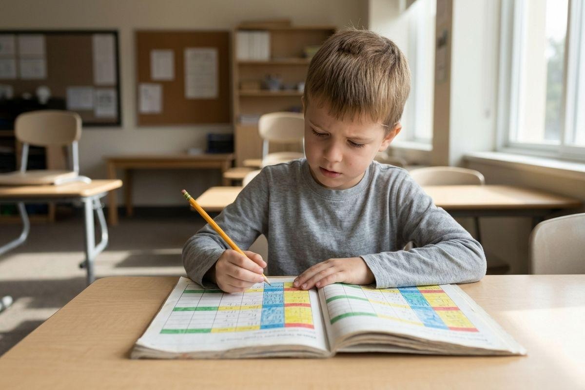 Child sitting at a desk in a classroom, focused, writing with a pencil in an open colorful workbook.