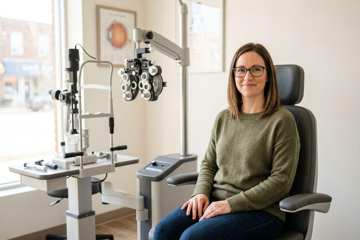 A smiling female optometrist wearing glasses and a green sweater sits in a grey examination chair next to professional eye exam equipment, including a phoropter and a slit lamp, in a brightly lit clinic room.