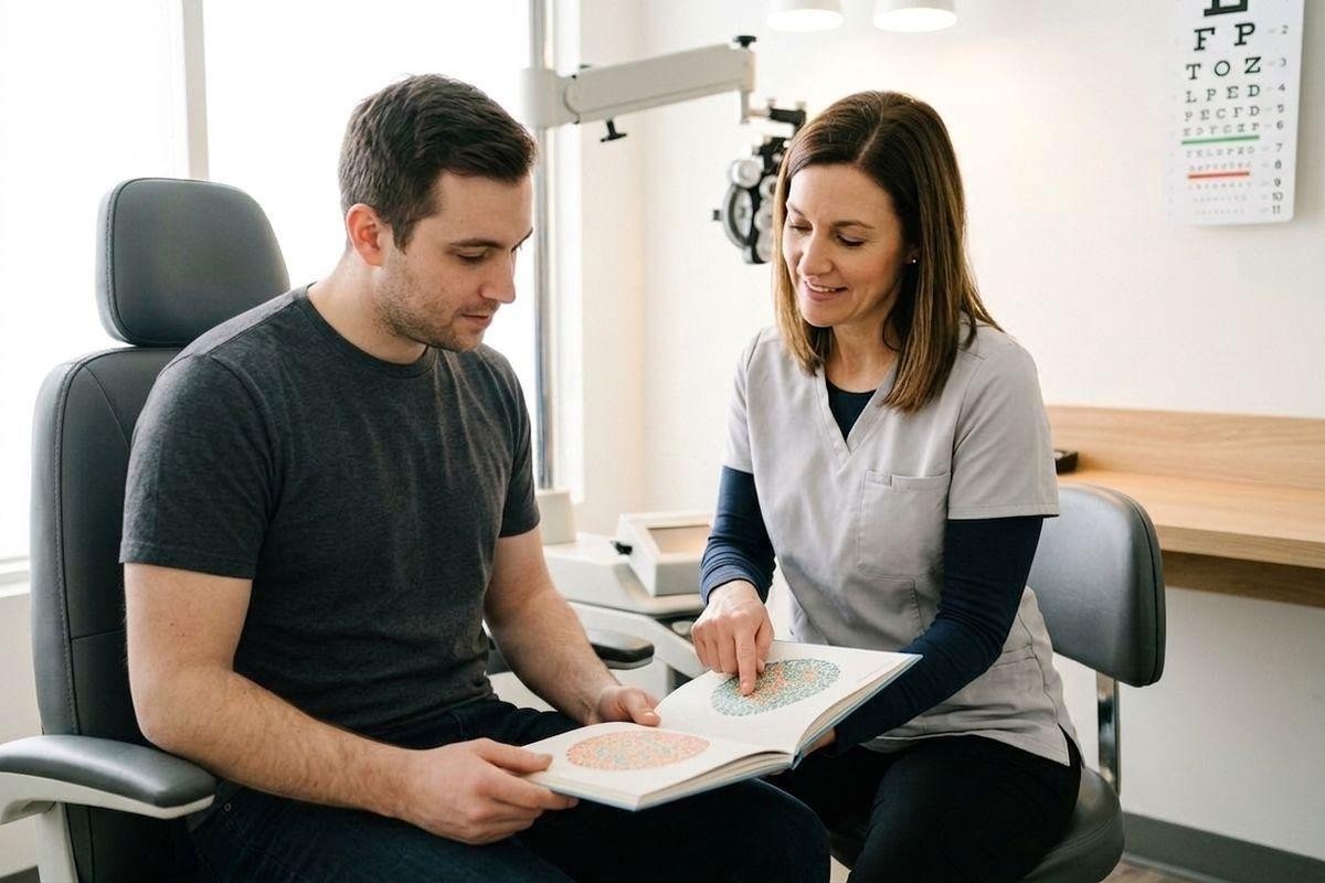 Optometrist smiling and pointing at color vision test plates in a book held by a patient seated in an exam chair.