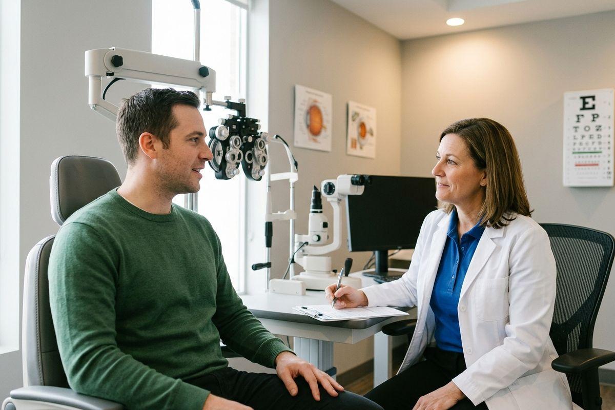 Adult patient sitting in an exam chair talks with an optometrist holding a clipboard in an eye exam room with a phoropter and eye chart.