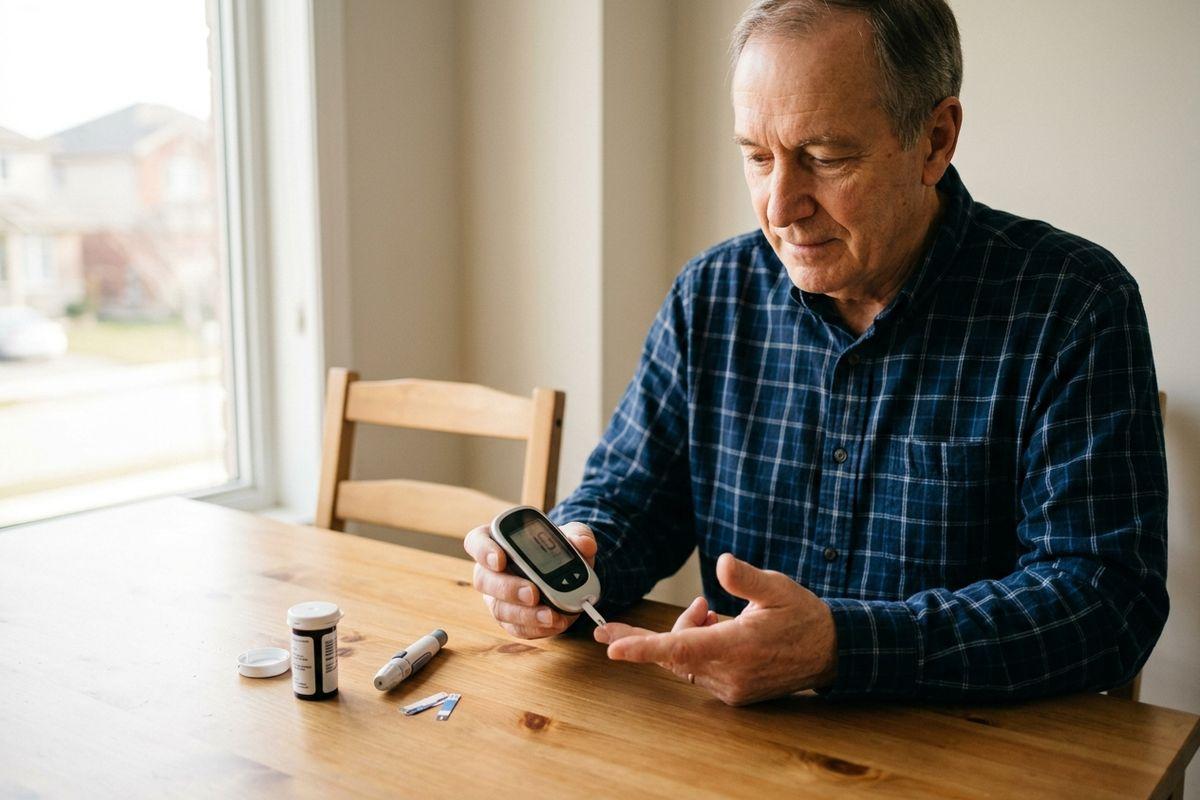 Older adult using a blood glucose meter at a wooden table at home, with test strips and a small vial nearby.