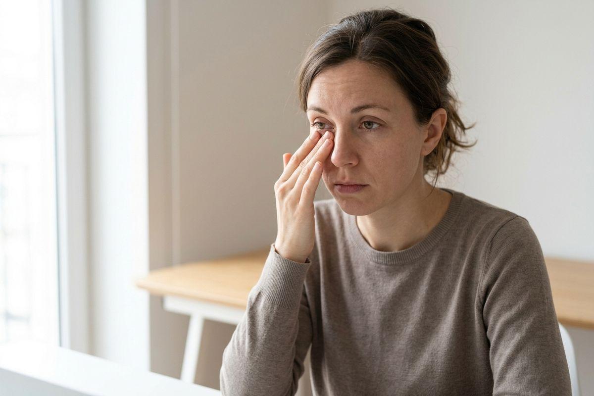 Adult in a beige sweater rubbing one eye with their fingers while sitting near a window by a wooden table indoors.