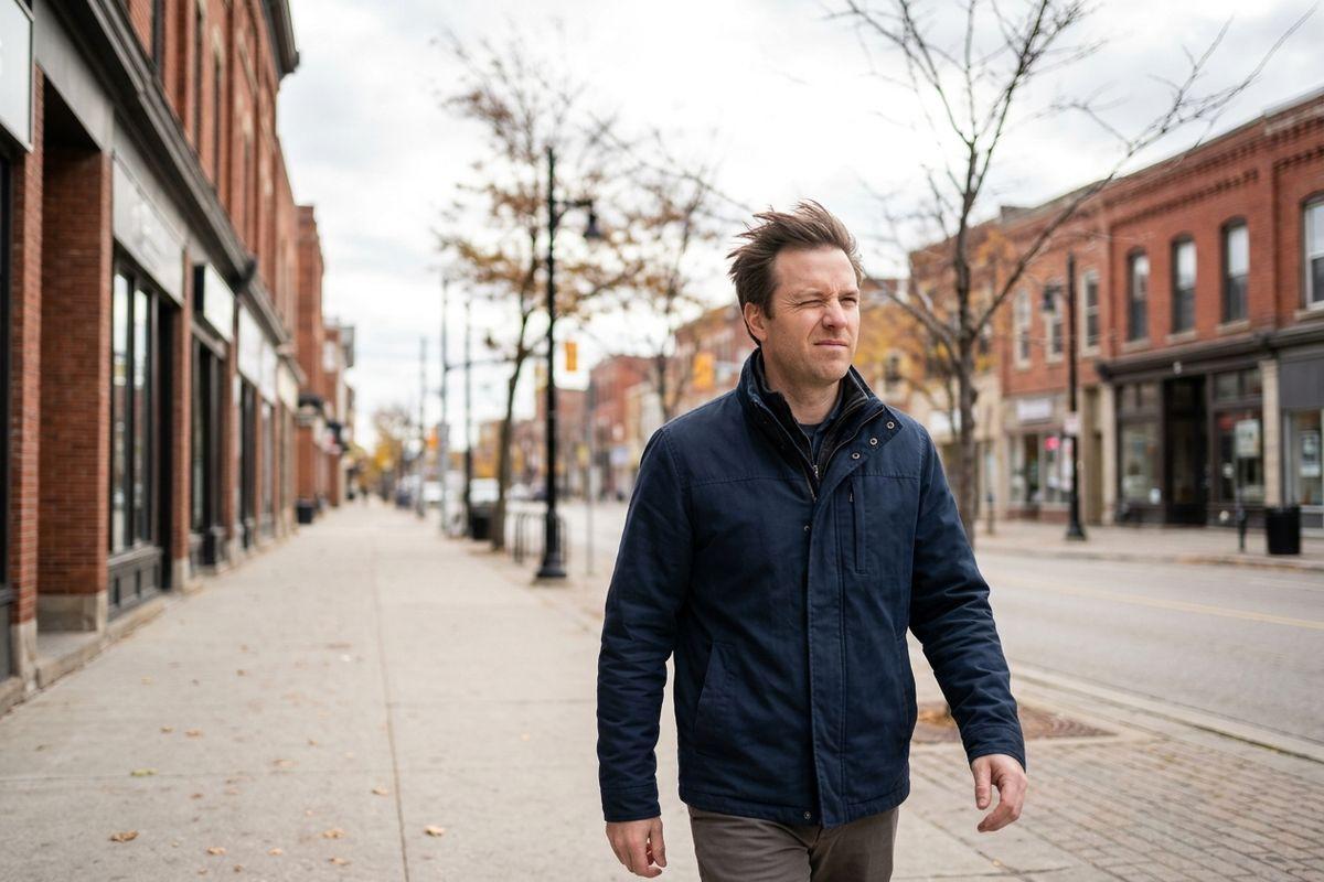 Adult in a navy jacket walking along a sidewalk on a street lined with brick buildings and bare trees, squinting while looking to the side.