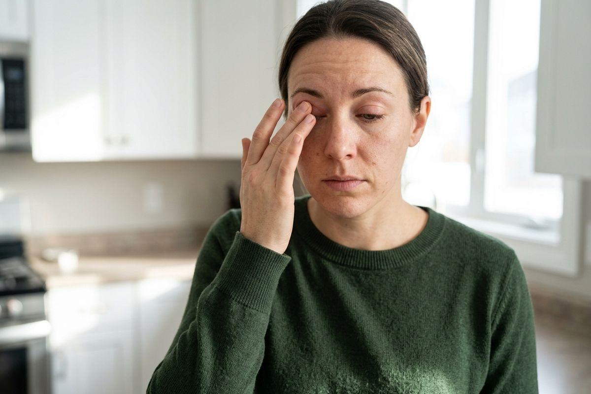 Adult rubbing one eye with fingers, eyes closed, standing in a kitchen with a concerned expression.