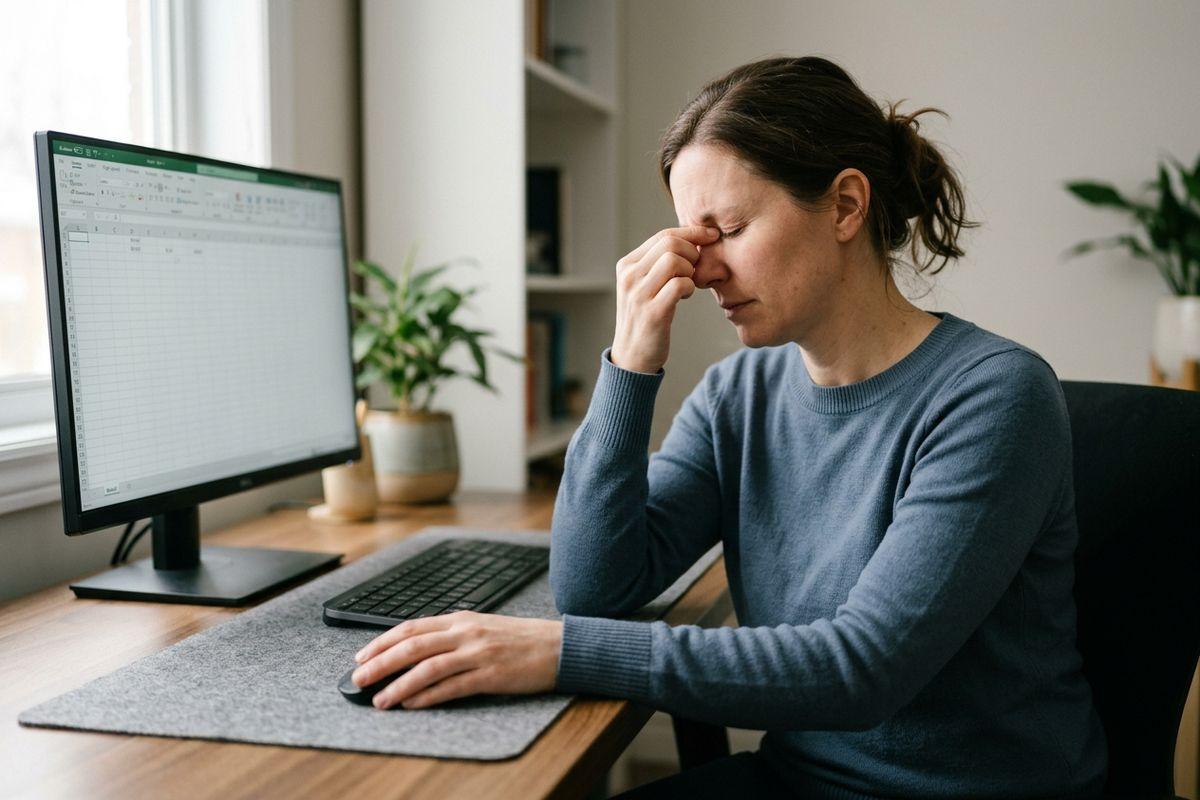Adult sitting at a desk pinching the bridge of their nose with eyes closed, hand resting on a mouse, desktop monitor showing a spreadsheet.